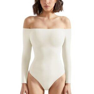 Women Off the Shoulder Long Sleeve White Bodysuit Double Lined Thong Bodysuit